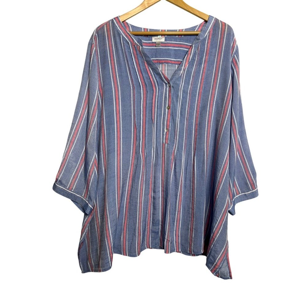 Avenue Womens Striped V-Neck Baby Doll Tunic Top 26/28 Blue & Red Rayon/Poly